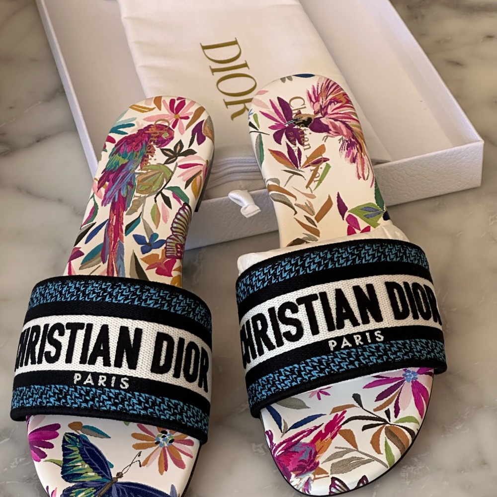 Dior DWay slide new never used sandals White Multicolor Toile de Jouy Fantastica